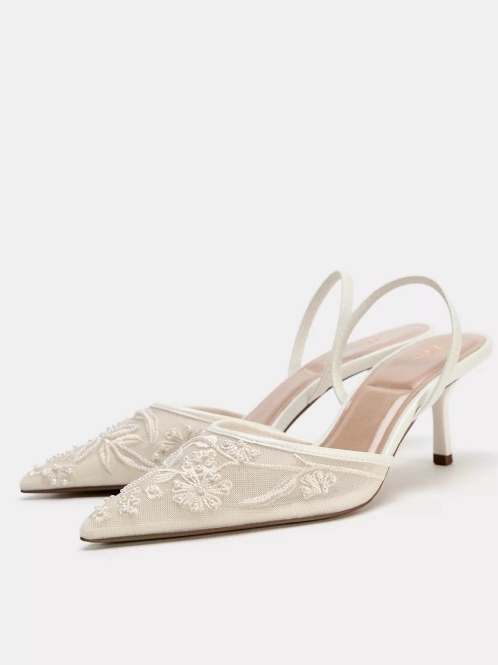 Zara Ivory Embroidered Mesh Slingback Heels (Size 7.5)